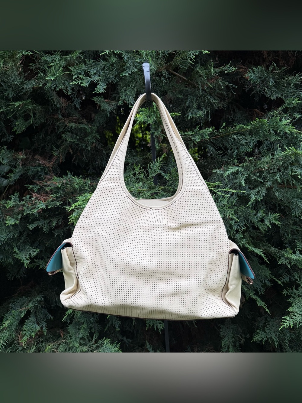 LEVENGER Perforated Leather Ivory Large Satchel Purse Bag